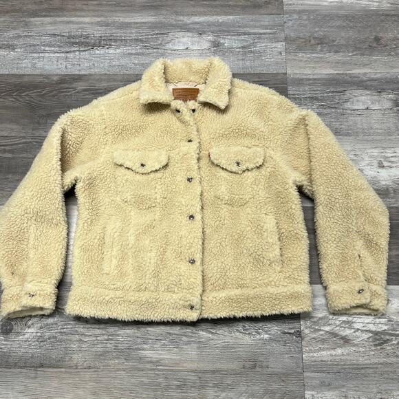Levi's Premium Jacket Red Tab Cream Womens L Sherpa‎ Fleece Deep Pile Trucker - Picture 1 of 10
